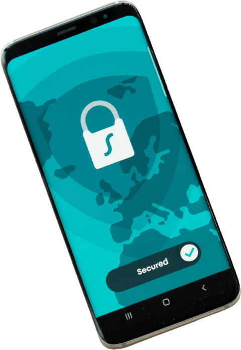 cellphone with a blue lock screen that says "secured"
