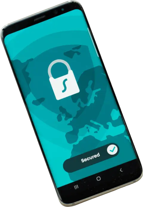 cellphone with a blue lock screen that says "secured"