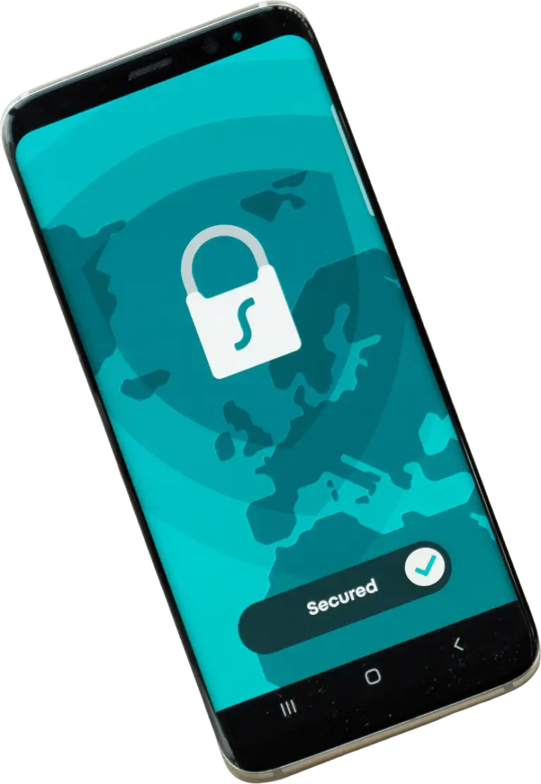 cellphone with a blue lock screen that says "secured"
